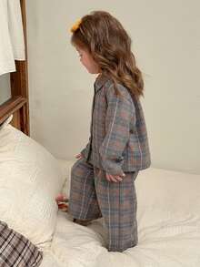 Dazy Kids 嬰兒女童格紋領長袖上衣與長褲2件套家居服 秋季 - 灰色 - 查看 4