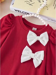 SHEIN Baby Girl Knitted Small Stand Collar Petal Sleeve Color Block 3D Bow Casual Dress,Christmas, Red - Red and White - View 3