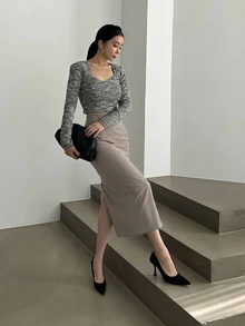 DAZY 女款純色優雅職場直筒開衩鉛筆裙，秋季裙子 - 卡其色 - 查看 5