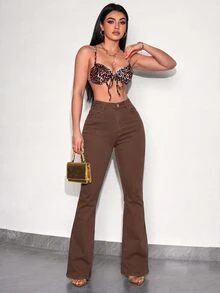 SHEIN SXY 高腰口袋修身優雅時尚牛仔褲 - 棕色 - 查看 2