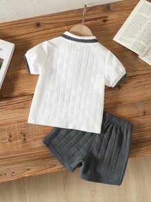 Souflis Souflis 男嬰深灰色馬匹印花夏季提花 Polo 領短袖短褲兩件套 - 灰色 - 查看 2