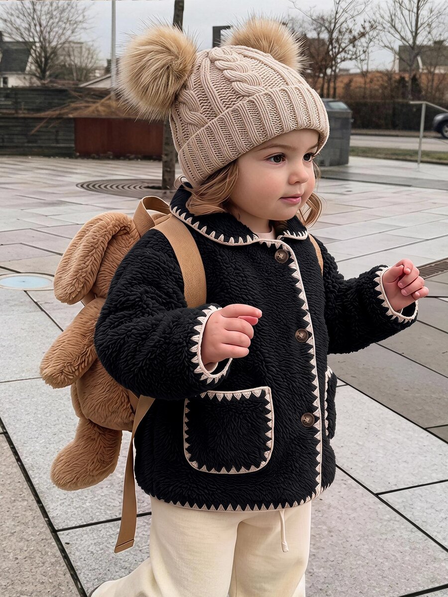 SHEIN Babygirl Cute Autumn/Winter Casual Versatile Brown Fuzzy Collar Jacket - Black - View 1