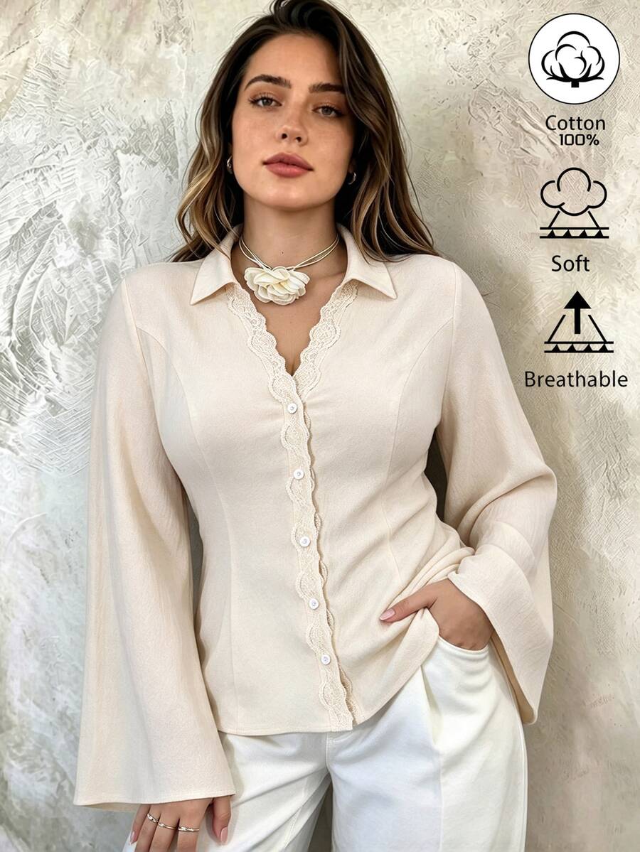 Elenzga Plus Size Women's 100% Cotton Fitted Commuter Daily Elegant Blouse, Autumn/Winter - Apricot - View 1