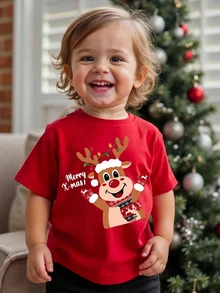 Young Boy Casual Minimalist Kids Round Neck Short Sleeve Loose Fit T-Shirt Suitable For Summer Christmas Elements - Multicolor - View 4