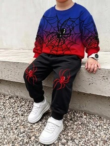 小男孩紅色聖誕萬聖節長袖圓領衛衣套裝，針織抓絨內裡加厚冬季上衣 - 彩色 - 查看 3