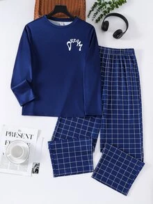 SHEIN 青少年男孩字母圖案長袖上衣與格紋長褲休閒日常居家睡衣套裝 - 彩色 - 查看 6