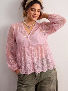 Freevana 女款蕾絲貝殼鈕扣透視襯衫 大尺碼 寬鬆優雅 日常街頭穿搭 通勤 婚禮賓客 晚餐 度假 夏季 秋季 黑色 - 粉色 - 查看 9