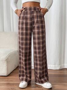 SHEIN Frenchy 1件女款直筒雙扣優雅辦公休閒長褲 冬季黑色 春季 - 彩色 - 查看 3