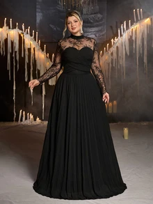 Glamrae Plus Size Elegant Romantic Black Lace Patchwork Chiffon Stand Collar Sheer Long Sleeve Pleated Fitted A-Line Evening Dress For Party Date Ball Wedding Event - Black - View 1