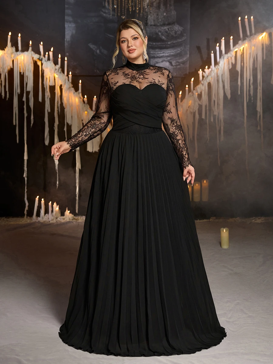 Glamrae Plus Size Elegant Romantic Black Lace Patchwork Chiffon Stand Collar Sheer Long Sleeve Pleated Fitted A-Line Evening Dress For Party Date Ball Wedding Event - Black - View 1