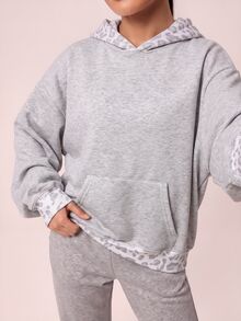 SHEIN BAE Leopard Print Long Sleeve Loose Streetwear Sports Sweatshirt - Light Grey - View 1