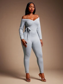 SHEIN SXY Plus Size Women Solid Color Off-Shoulder Long Sleeve Fitted Jumpsuit - Grey - View 6