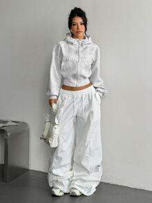 Dewbera Dewbera Women's American Punk Rivet Decor Hooded Sweatshirt, Short Zip-Up Sweatshirt With Dropped Shoulders, Casual Outerwear - White - View 5
