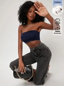 SHEIN BASICS 女款百搭純色抹胸背心上衣，適合日常穿著與度假，白色夏季極簡百搭休閒端莊居家休閒服 - 藏蓝色 - 查看 4