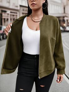 Easura 深棕色仿麂皮羅紋領拉鍊連帽夾克，復古大尺碼外套，適合日常通勤、街頭購物與秋季休閒穿著 - 軍綠色 - 查看 3