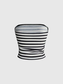 ROMWE Grunge Punk Y2K Millennium Sexy Striped Preppy Style Tube Top & Mini Skirt 2 Pieces Set - Black and White - View 8