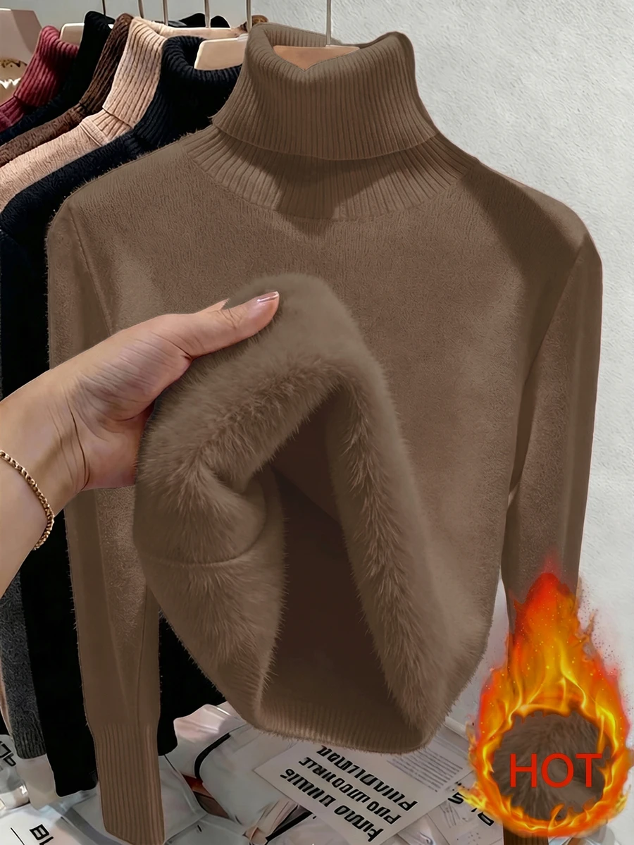 Franclia Sweater Rajut Termal Tebal Tanpa Jahitan Berkerah Tinggi, Pas Badan, Modis untuk Musim Gugur/Dingin Gaya Eropa dan Amerika - Coffee Brown - View 1