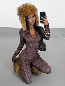 StreetHx 街頭風秋季女款純色長袖半拉鍊連身褲 - 黑色 - 查看 1