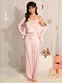 DelicateAllure Women's Cherry Print Camisole Top And Tie-Waist Long Pants With Long Sleeve Cardigan Pajama Set - Baby Pink - View 2