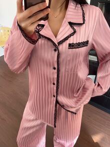 DAZY Women's Lace Patchwork Button-Up Top And Long Pants Pajama Set - Pink - View 5