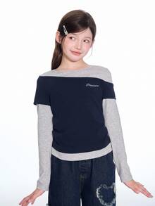 Dazy Kids Kaos Kasual Sehari-hari Model Dua Potong Patchwork untuk Remaja Perempuan - Grey - View 6