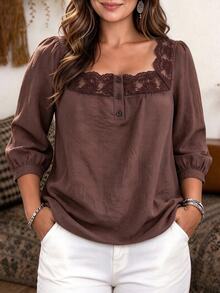 Weeklong Women's Plus Size Autumn/Winter Casual Vacation Lace Patchwork Square Neck Button Mid-Sleeve Ribbed Fabric Top, Suitable For Daily Casual Commuting Wear - Brown - View 7