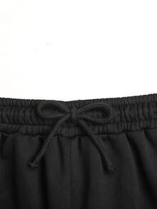 SHEIN 青少年女孩春秋款黑色領口蕾絲飾邊修身街頭風羅紋方領長袖T恤與休閒極簡復古運動褲2件套，適合秋冬疊穿 - 黑色 - 查看 7