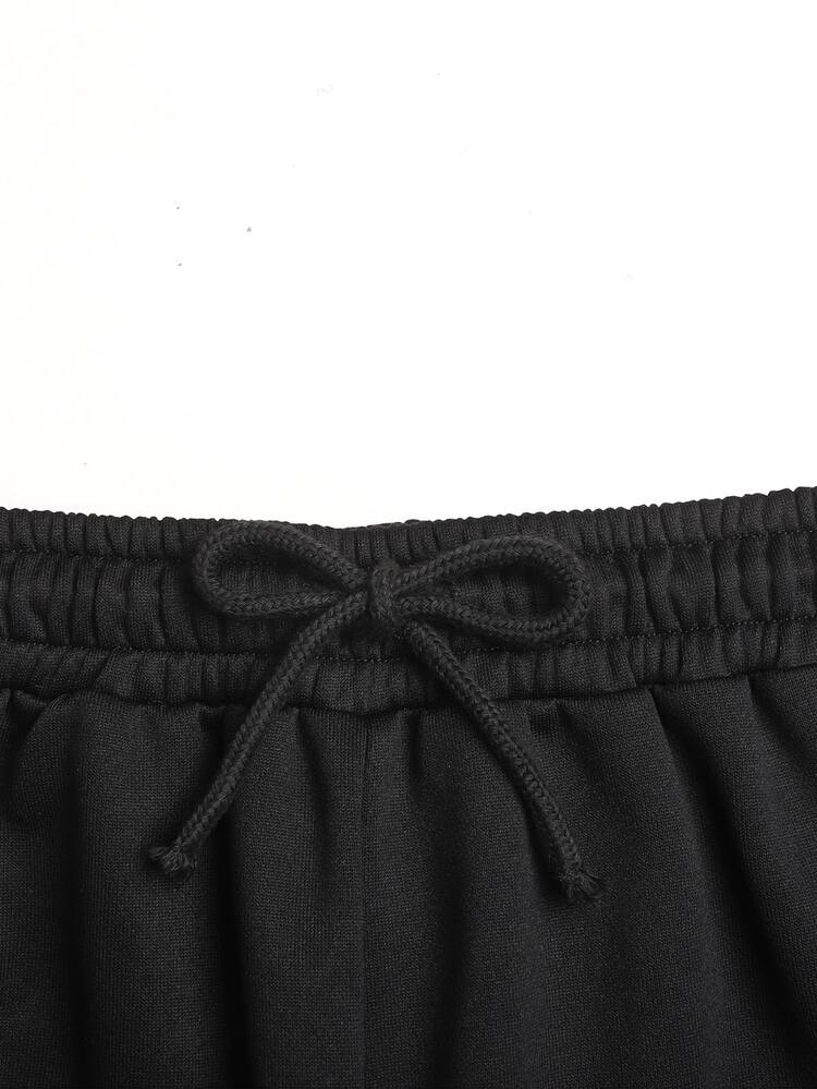SHEIN Teen Girl Teen Girls Spring Autumn Black Collar Lace Trim Fitted Street Style Ribbed Square Neck Long Sleeve T-Shirt And Casual Minimalist Retro Sweatpants 2 Pieces Set, Suitable For Autumn/Winter Layering - Black - View 7