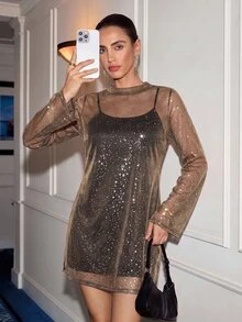 Lavishia Women's Party Stand Collar Long Sleeve Dress - Gold - View 1