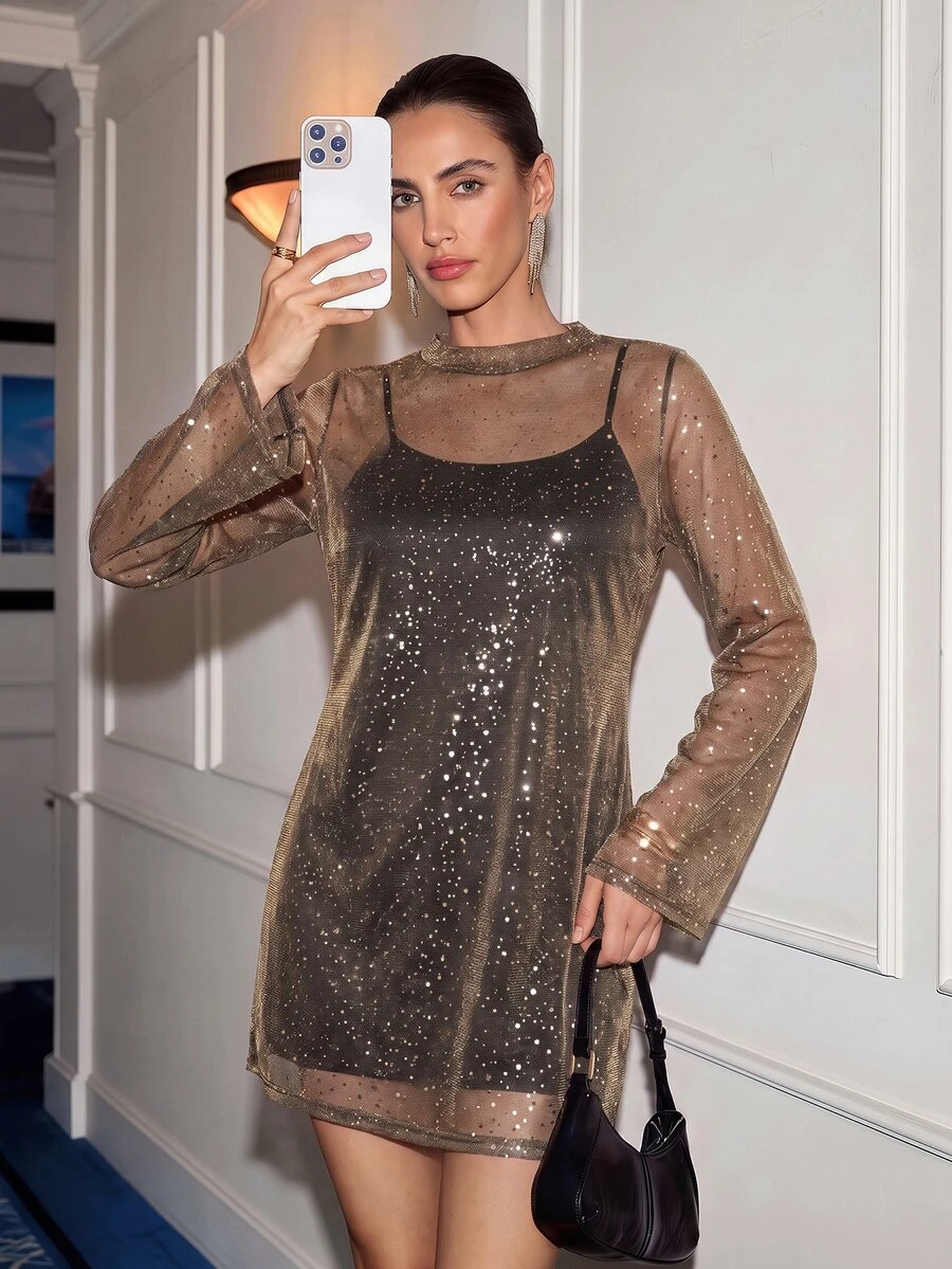 Lavishia Women's Party Stand Collar Long Sleeve Dress - Gold - View 1