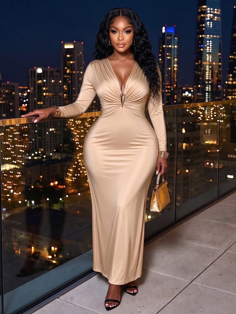 Poshavie Poshavie Plus Size V Neck Twist Draped Long Sleeve Dress, Elegant Solid Color Flowy Dress, Suitable For Party And Daily Occasions - Khaki - View 1