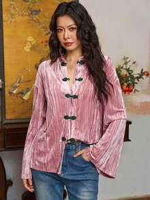 EastFlair Women's Flocked Frog Button Elegant Long Sleeve Top - Coral Pink - View 5