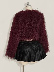 SHEIN ICON معطف فرو صناعي أنيق بأكمام طويلة مقاس كبير - عنابي اللون - مشاهدة 10