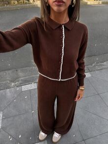 Pariaura Women Polo Neck Button Front Sweater Cardigan And Flare Sweater Pant 2pcs Set Co-Ords - Brown - View 1