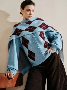 Arave Women's Polar Fleece Fabric Loose Fit Argyle Design Casual Sweater 2 Pieces Set - Multicolor - View 3