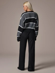 SHEIN كارديجان بياقة شال بتصميم ألوان متباينة وملمس ناعم فاخر - الأسود - مشاهدة 2