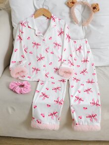 SHEIN 少女粉色睡衣家居服套裝 2件式休閒居家度假派對百搭款 柔軟舒適 秋冬新款 - 粉色 - 查看 5
