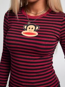 Paul Frank X ROMWE 女款條紋卡通印花休閒日常長袖T恤 - 酒紅色 - 查看 2