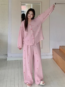 Dazy Plus Cute Loose Pants 2-Piece Set Home Wear Spring/Autumn New Pajama Set - Pink - View 5