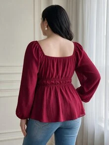 Vibekara Áo peplum nữ size lớn tay dài, cạp chun có dây rút, cài nút trước, thời trang mùa thu - Màu Đỏ Sâu - Xem 2