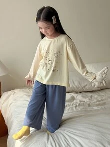 Dazy Kids 女童圓領長袖上衣與長褲休閒日常居家睡衣套裝 - 黃色 - 查看 7