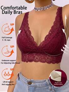 SHEIN Elacene 1件女款蕾絲無鋼圈內衣 - 紅色 - 查看 6
