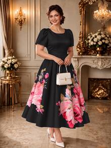 Rometta Plus Size Women's Elegant Romantic Printed Round Neck Puff Sleeve Cinched Waist A-Line Dress, Summer Essential, Suitable For Dating, Vacation - Black - View 1