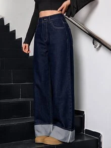 SHEIN Tall 冬季女款休閒水洗復古時髦翻邊設計寬腿牛仔褲，適合高個女性 - 深色水洗藍 - 查看 7