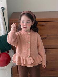 DAZY 嬰兒/幼兒（女童）荷葉邊飾休閒韓風純色秋冬長袖開襟衫 - 粉色 - 查看 3