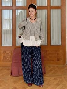 Dazy Plus Korean Style Casual Striped Camisole & Cardigan 2 Pieces Set - Apricot - View 4