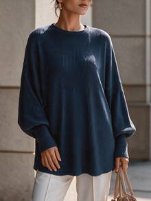 Velvienne Plus Size Ribbed Crew Neck Lantern Long Sleeve Loose Tunic Top, Curvy Casual Solid Color Plus Size Tee For Women Loose Fit, Long Sleeve Top Plus Size, - Blue - View 6