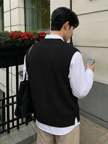 DAZY 男士純色V領休閒百搭針織背心 秋季 - 黑色 - 查看 2