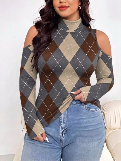 Shapeblank Casual Minimalist Slim Fit Cold Shoulder Plus Size High Neck Plaid T-Shirt (Autumn/Winter Style) Suitable For Party Wear