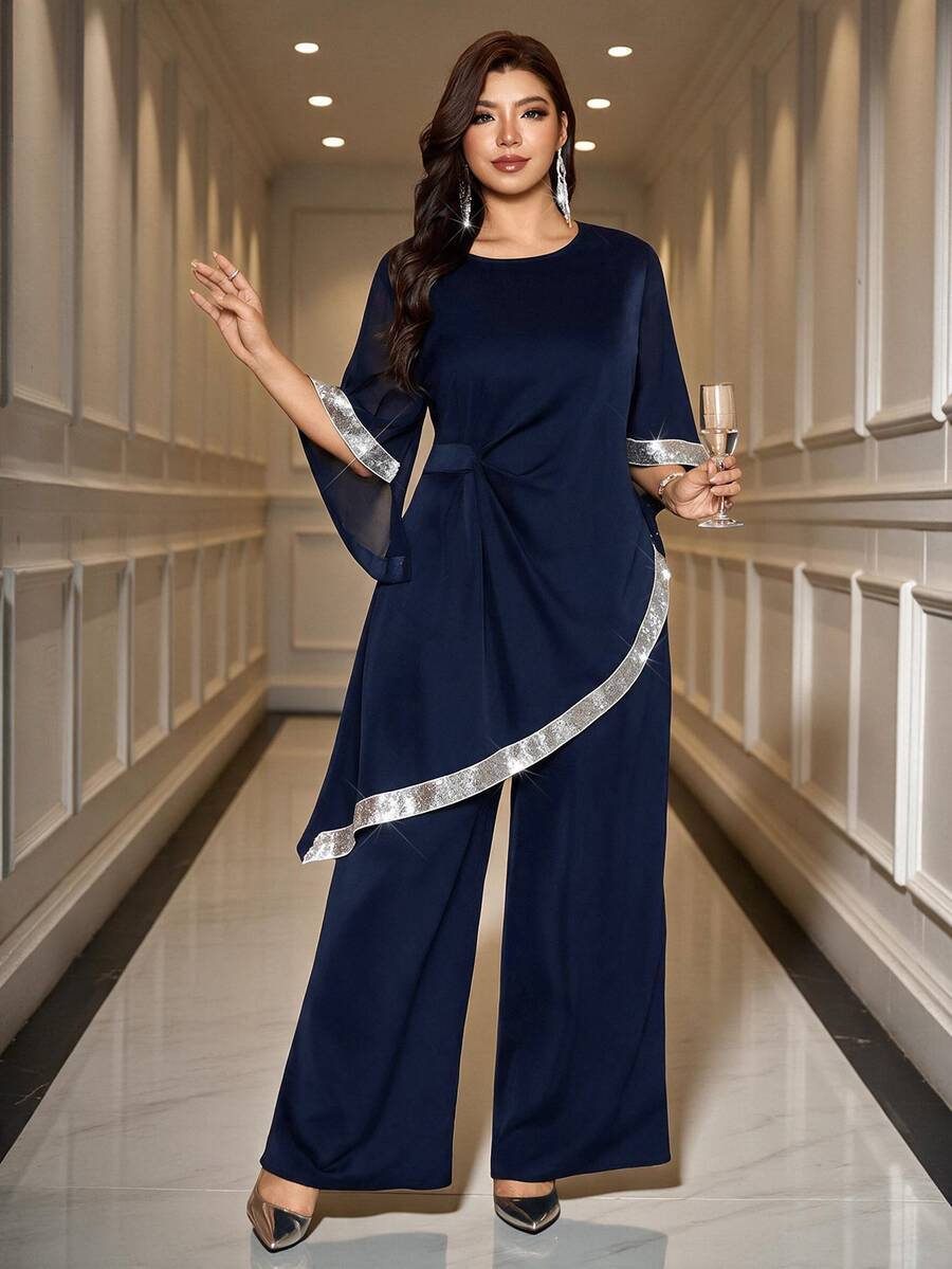 Reflora Plus Size Women Colorblock Round Neck Bell Sleeve Asymmetric Hem Top Wide Leg Pants Elegant 2 Pieces Set Wedding Guest Evening Black Autumn Fall - Navy Blue - View 1